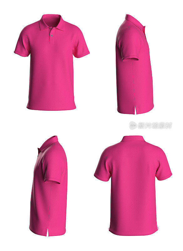 Polo t恤模板，从四个侧面，孤立在白色背景上。粉红色的颜色